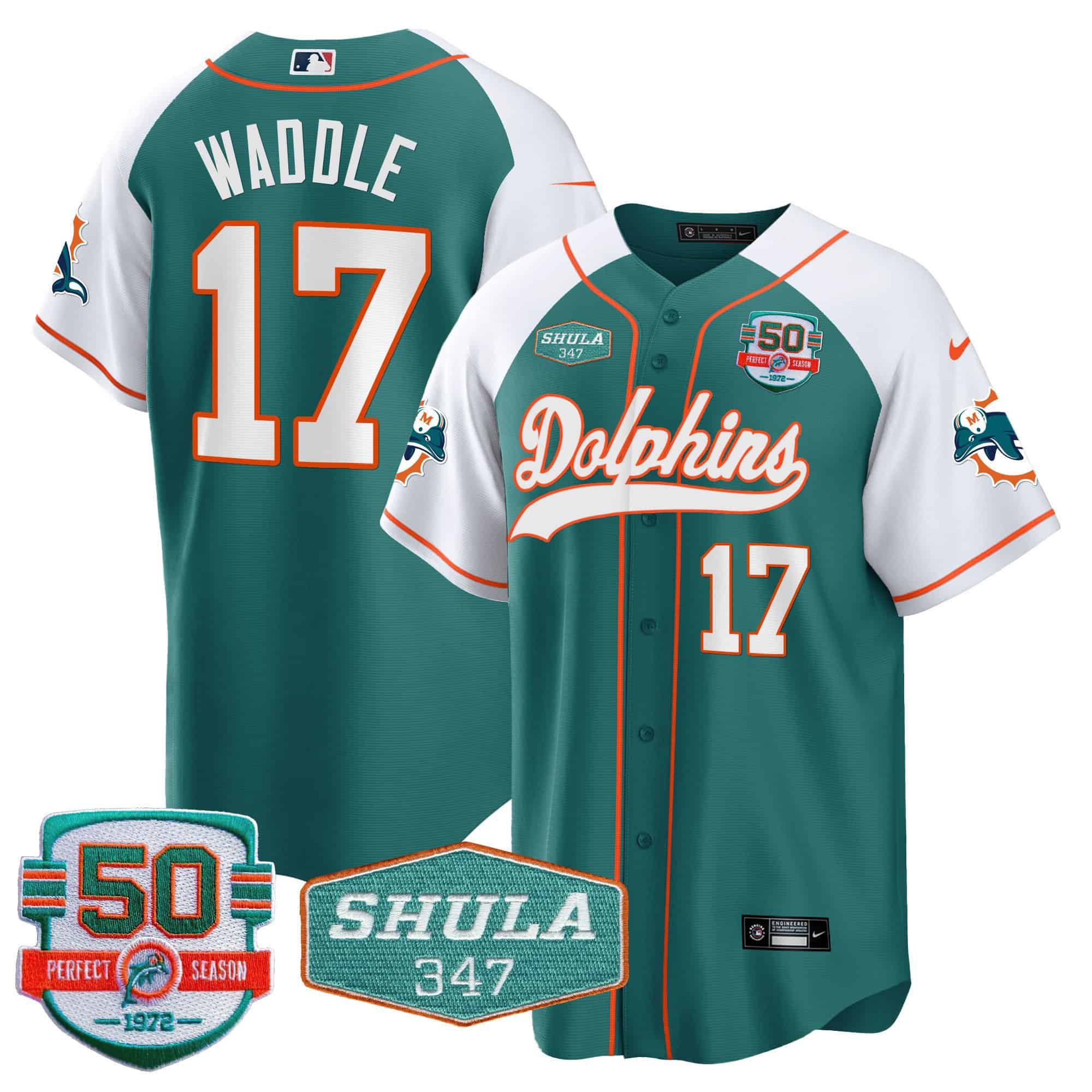 Men Miami Dolphins 17 Waddle Green 2024 Nike 50th Don Shula Memorial Patch Baseball NFL Jersey